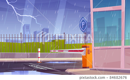 Parking security entrance at rainy weather, storm Parking security entrance at rainy weather, storm 84682676