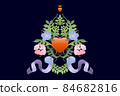 Heart decorated with flowers and leaves, golden crown on the top, lilac ribbon. 84682816