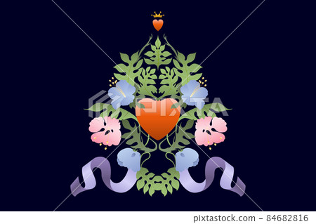 Heart decorated with flowers and leaves, golden crown on the top, lilac ribbon. Heart decorated with flowers and leaves, golden crown on the top, lilac ribbon. 84682816