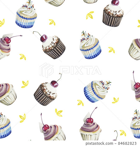 seamless pattern of cupcakes watercolor painting isolated on white background 84682823