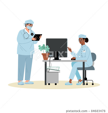 Doctors or hospital medical staff characters flat vector illustration isolated. Doctors or hospital medical staff characters flat vector illustration isolated. 84683478