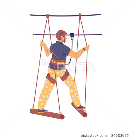Man in safety equipment explores rope park, flat vector illustration isolated on white background. Man in safety equipment explores rope park, flat vector illustration isolated on white background. 84683675