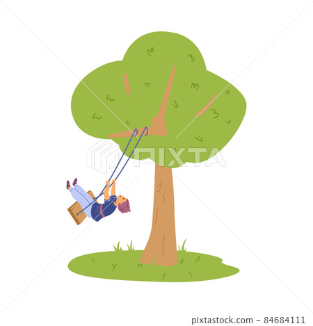 Smiling child boy on swing under the tree, flat vector illustration isolated on white background. Smiling child boy on swing under the tree, flat vector illustration isolated on white background. 84684111