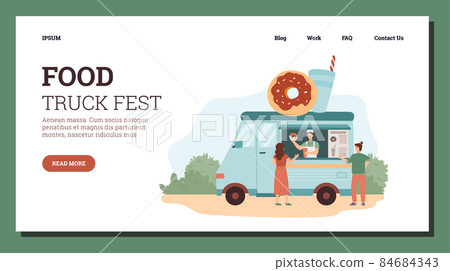 People buy and eat donuts at food truck festival - landing or web page template, flat vector illustration. People buy and eat donuts at food truck festival - landing or web page template, flat vector illustration. 84684343