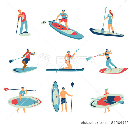 Stand up paddle surfing water sport characters flat vector illustration isolated. 84684915