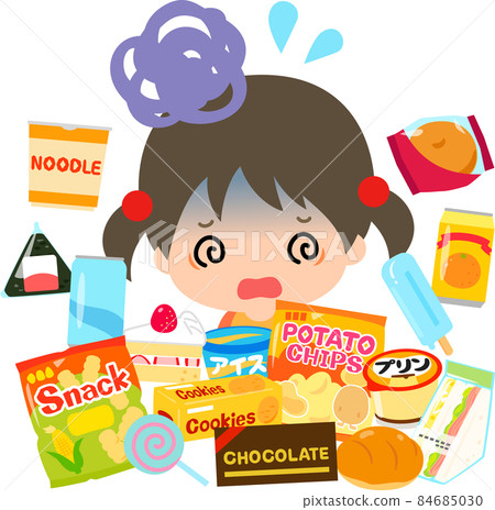 A girl buried in junk food and looking around 84685030