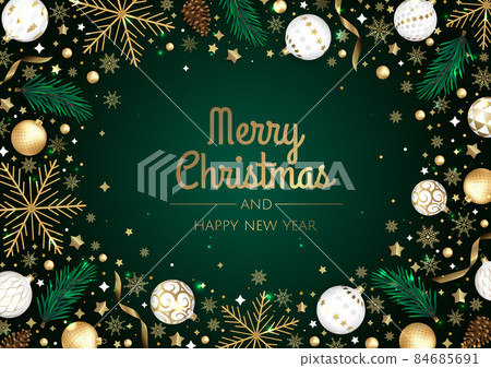 Merry Christmas and Happy New Year. Xmas Festive background with realistic 3d objects, blue and gold balls. Merry Christmas and Happy New Year. Xmas Festive background with realistic 3d objects, blue and gold balls. 84685691