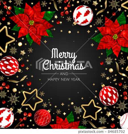 Merry Christmas and Happy New Year. Xmas Festive background with realistic 3d objects, blue and gold balls. Merry Christmas and Happy New Year. Xmas Festive background with realistic 3d objects, blue and gold balls. 84685702