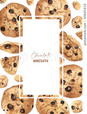 Template for greeting card with chocolate cookies. Watercolor hand drawn illustration of baked biscuits. 84685818