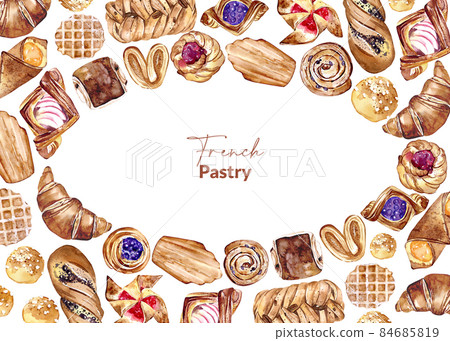 Template with french baked food. Hand drawn watercolor illustration of bun, croissant, madeleine, bread. Frame for greeting card, receipt and label design. Template with french baked food. Hand drawn watercolor illustration of bun, croissant, madeleine, bread. Frame for greeting card, receipt and label design. 84685819