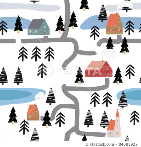 Winter seamless pattern scandinavian landscape, forest, village. Nordic folc art style, Christmas,cozy mood. Vector illustration Winter seamless pattern scandinavian landscape, forest, village. Nordic folc art style, Christmas,cozy mood. Vector illustration 84685922