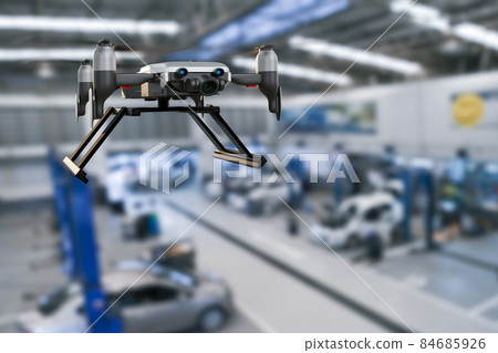 Drone with car production processing service in factory robot hi tech robotic AI control arm hand robot artificial for car technology in garage dealership with tech hand cyborg metaverse 84685926
