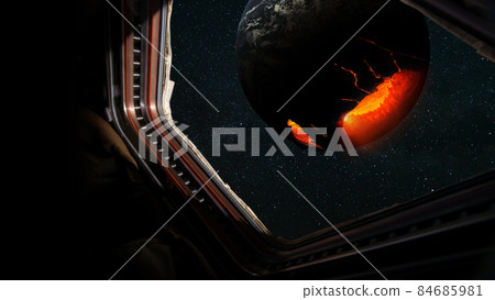 Astronaut in a spaceship flies near a dying planet in open space, view from the window of a space rocket. Collapse and Apocalypse on planet Earth, concept. Global Warming and Saving Life on Another Astronaut in a spaceship flies near a dying planet in open space, view from the window of a space rocket. Collapse and Apocalypse on planet Earth, concept. Global Warming and Saving Life on Another 84685981