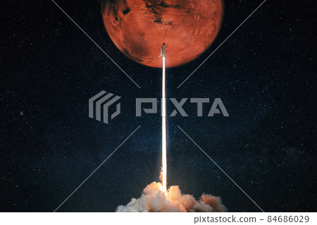 Rocket with blast and smoke takes off to the red planet mars mars, concept. Spacecraft lift off to explore other planets. Rocket launch Rocket with blast and smoke takes off to the red planet mars mars, concept. Spacecraft lift off to explore other planets. Rocket launch 84686029