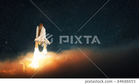 Rocket launch into outer space. Spaceship lift off into the starry sky. Successful start, concept 84686055