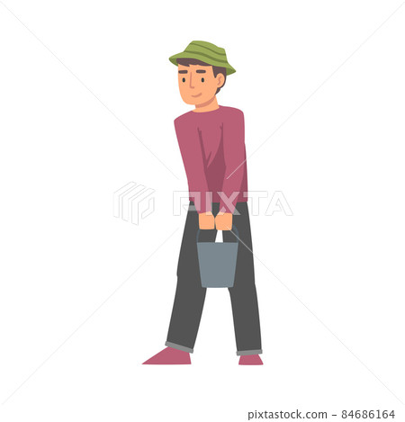 Young Man with Bucket Working in the Garden or Yard Vector Illustration 84686164