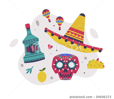 Bright Mexico Object with Sombrero, Skull and Peppery Drink Element Vector Composition Bright Mexico Object with Sombrero, Skull and Peppery Drink Element Vector Composition 84686253