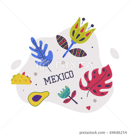Bright Mexico Object with Flower, Avocado and Tortilla Element Vector Composition Bright Mexico Object with Flower, Avocado and Tortilla Element Vector Composition 84686254