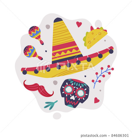 Bright Mexico Object with Sombrero Hat and Skull Element Vector Composition 84686301
