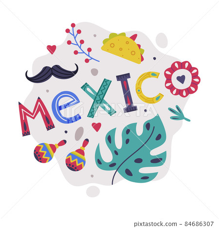 Bright Mexico Object with Maraca, Inscription and Moustache Element Vector Composition Bright Mexico Object with Maraca, Inscription and Moustache Element Vector Composition 84686307