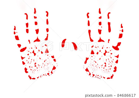 red handprints isolated on white background. bloody traces red handprints isolated on white background. bloody traces 84686617