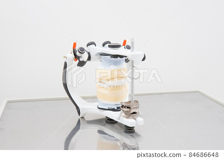 Model of the jaw in the articulator in the dental laboratory white background. Concept of modern dentistry and orthopedics 84686648