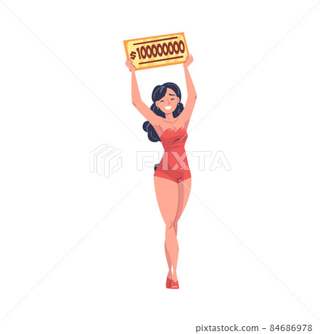 Lottery with Smiling Woman Presenter Holding Cheque with Lump Sum for Winner Vector Illustration 84686978