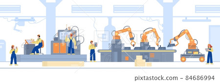 Robotic line with robot arms and conveyor belt flat vector illustration isolated. 84686994