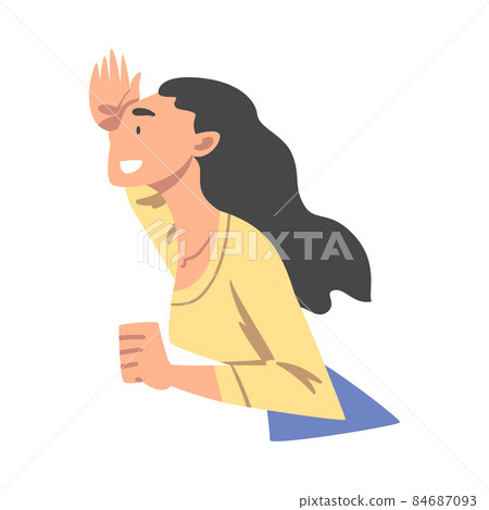 Looking Into Future Smiling Woman Character with Her Hand on Forehead Vector Illustration 84687093