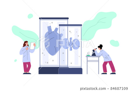 Bioengineers develop GM food and human organs, flat vector illustration isolated. Bioengineers develop GM food and human organs, flat vector illustration isolated. 84687109