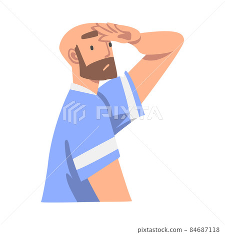 Looking Into Future Bearded Man Character with His Hand on Forehead Vector Illustration 84687118