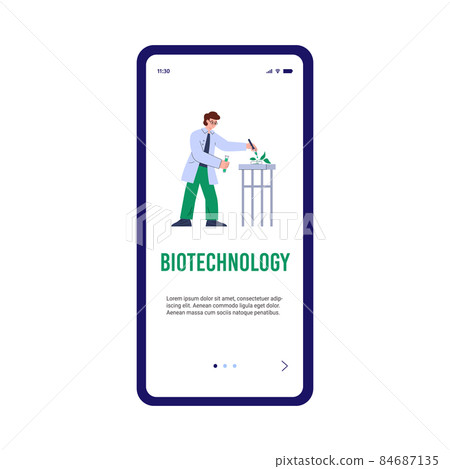 Biotechnology and engineering onboarding screen, flat vector illustration. 84687135