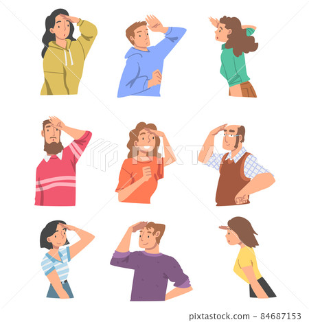 Looking Into Future People Character with Their Hands on Forehead Vector Illustration Set 84687153