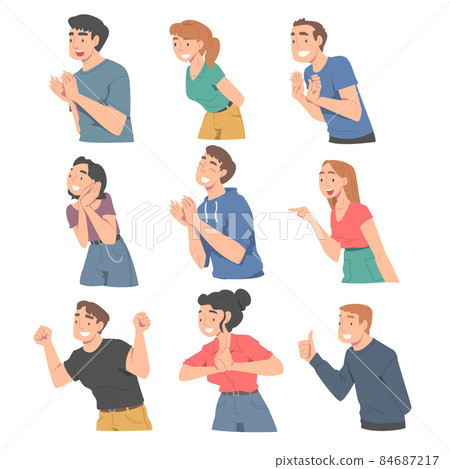 Excited People Character Looking at Someone Clapping Hands and Showing Thumb Up Vector Set 84687217