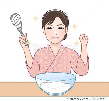 A woman wearing kimono and cooking A woman wearing kimono and cooking 84687445