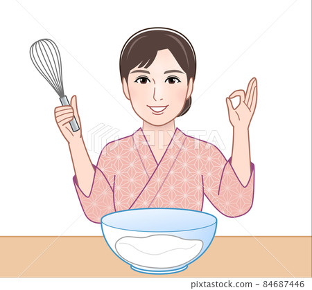 A woman wearing kimono and cooking A woman wearing kimono and cooking 84687446