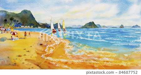 Panorama of seascape boat sail on sea. 84687752