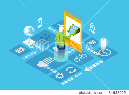 Man working with green nature friendly technology. Integration of technologies for energy production Man working with green nature friendly technology. Integration of technologies for energy production 84688025