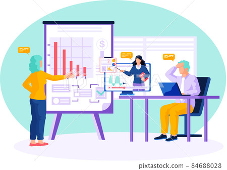 Presentation, online lecture of decreasing profit. Colleagues analyze data, statistical chart Presentation, online lecture of decreasing profit. Colleagues analyze data, statistical chart 84688028