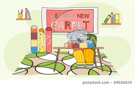 Design a new carpet. Cartoon character sitting asleep at table in childrens room with different rugs 84688029