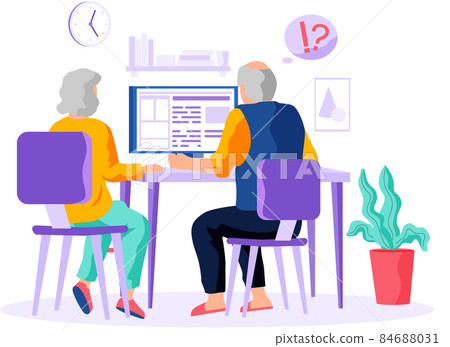 Old man and woman looking for information and surfing internet. People try to use computer Old man and woman looking for information and surfing internet. People try to use computer 84688031