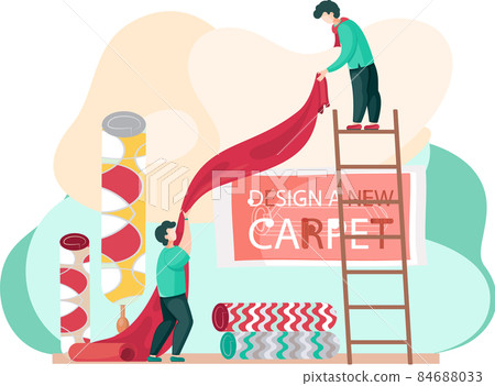 Manufacture of carpets concept. Men are working on design of new carpet, select materials for rug Manufacture of carpets concept. Men are working on design of new carpet, select materials for rug 84688033