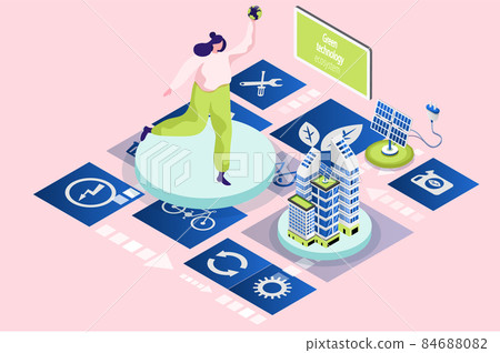 Generating electricity using green technologies illustrations set. Alternative energy producing 84688082