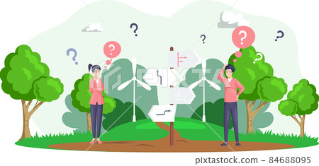 Making confusion. Doubts person surrounded by question marks. Questions dilemma situations Making confusion. Doubts person surrounded by question marks. Questions dilemma situations 84688095