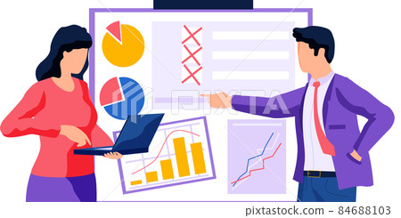 Woman with laptop and businessman work with statistical data, declining indicators of profit 84688103