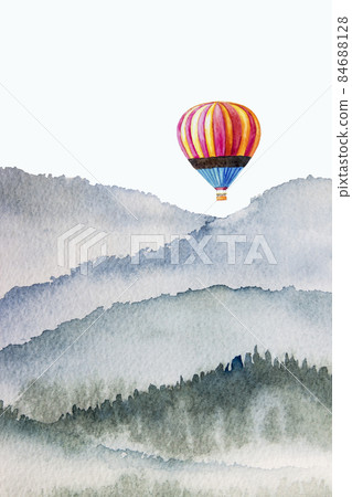 Watercolor balloon on mountain background. 84688128