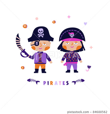 Vector illustration of kids pirates. Pirate hat, eye patch. Pink and purple color.Poster, for printing on textiles, for wall design. Hand-drawn style 84688562