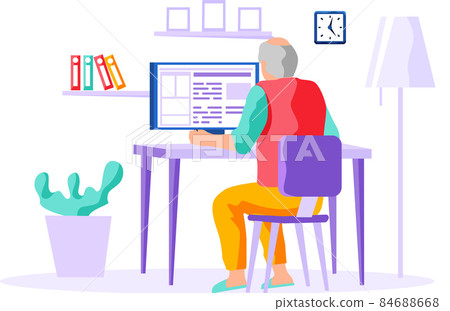 Old man looking for information and surfing internet. Person tries to use computer and technology Old man looking for information and surfing internet. Person tries to use computer and technology 84688668