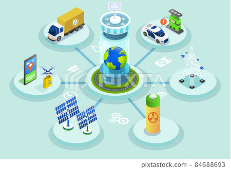 Generating electricity using green technologies illustrations set. Alternative energy producing 84688693