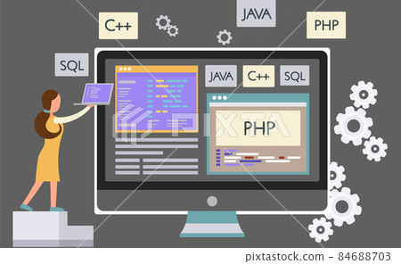 Programmer engineering and coding. Programmer working on web development on computers Programmer engineering and coding. Programmer working on web development on computers 84688703